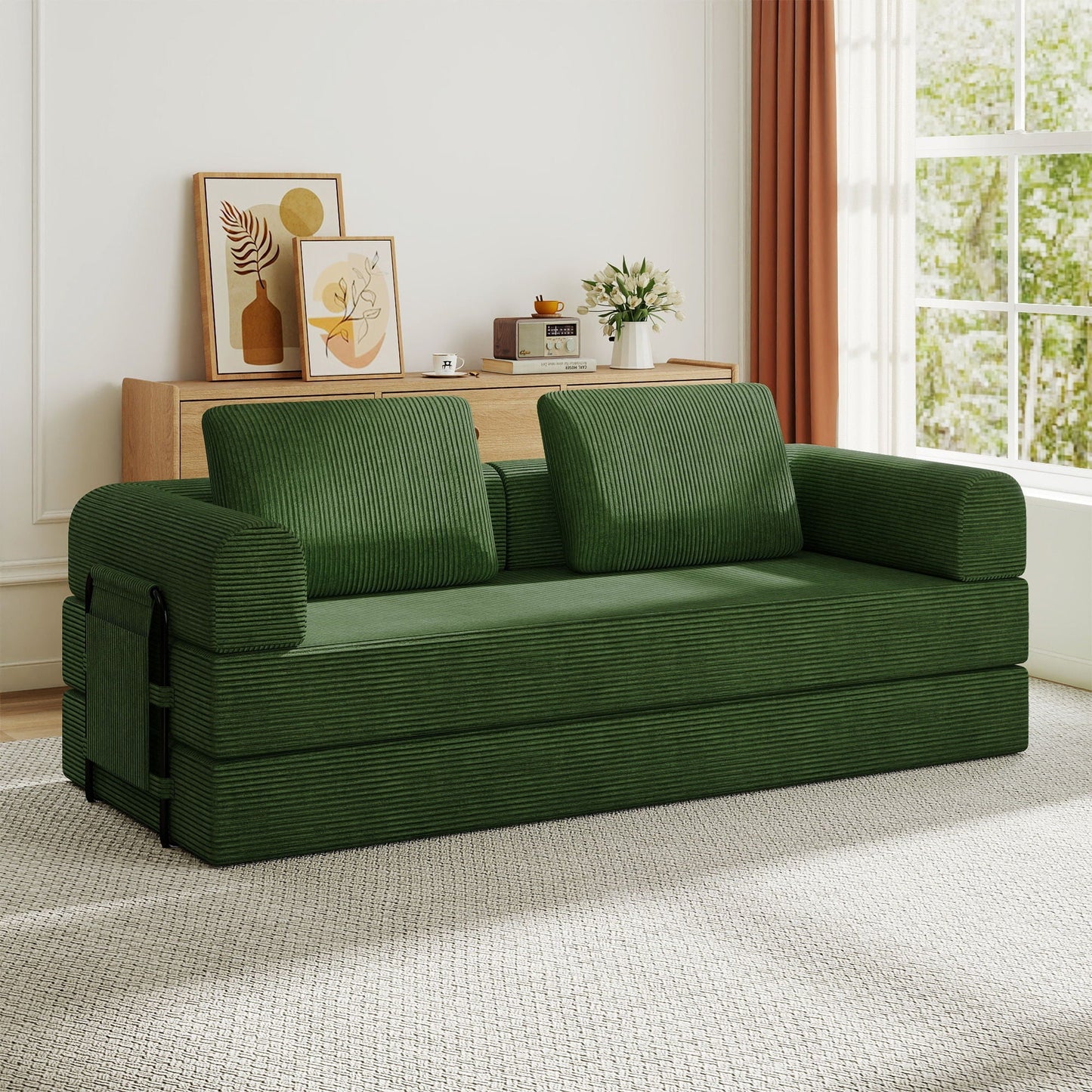 Convertible Sleeper Sofa Bed With Cylindrical Pillow