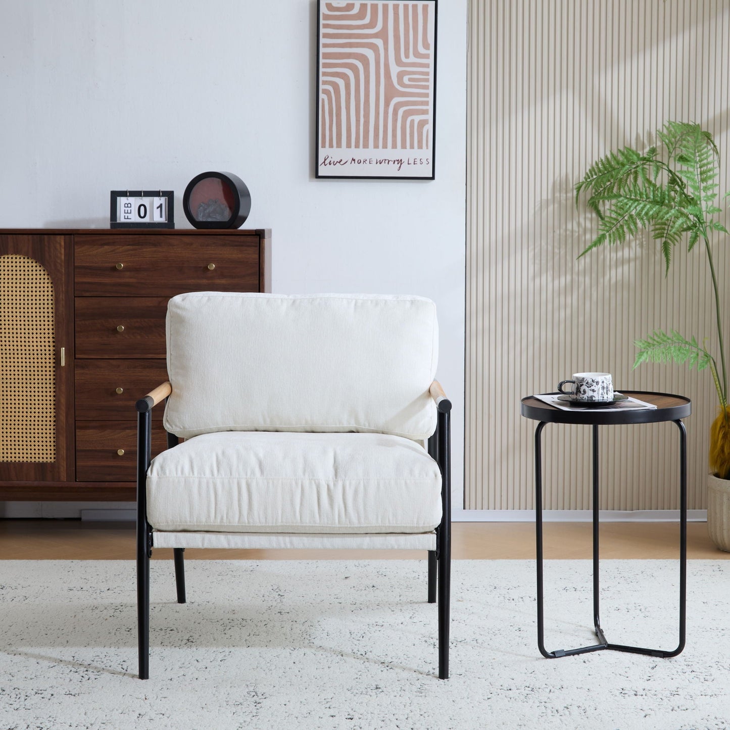 Modern Accent Chair With Plush Cushions and Wooden Armrests