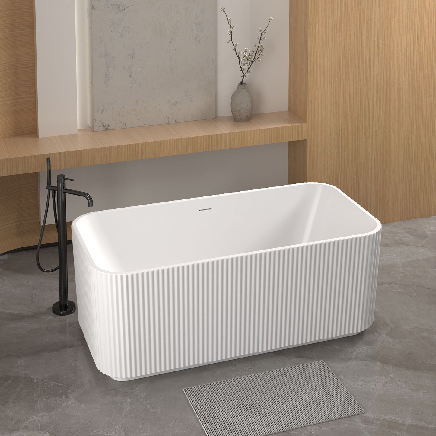 Rectangle Linear Freestanding Soaker Tub With Pop Up Drain, Double Wall Insulated Construction - Gloss White