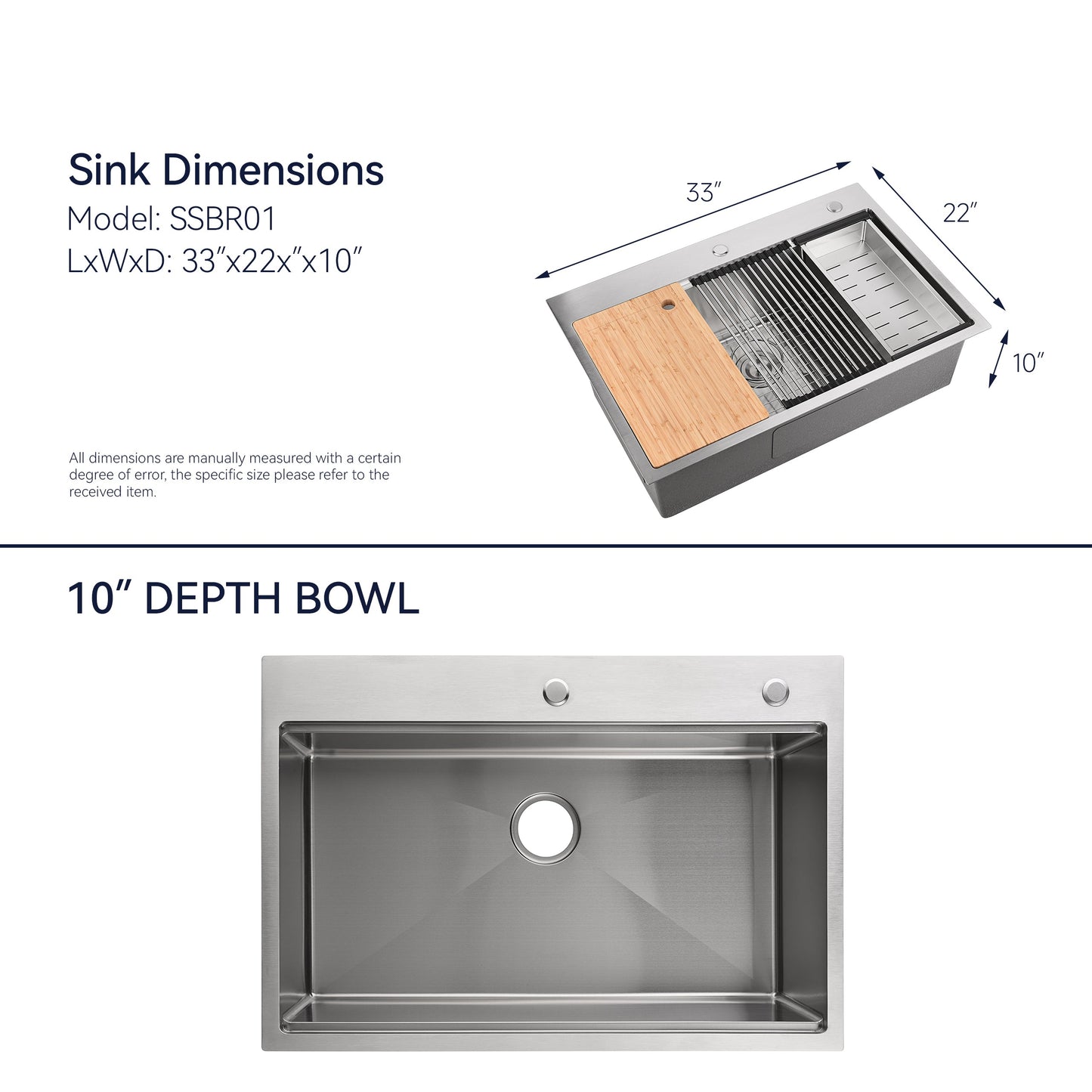 Stainless Steel Kitchen Sink, 33"x22" Single Bowl, Overmount Handmade Sink in Brushed