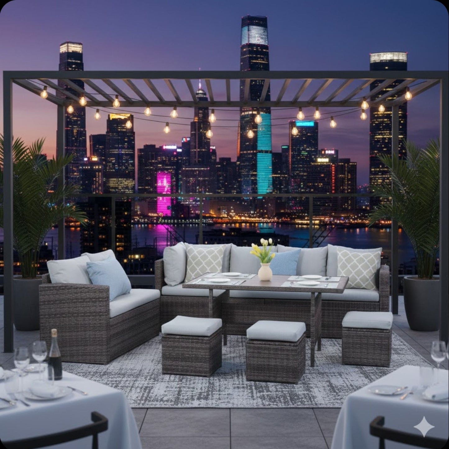 7 Piece All Weather Patio Dining Set With Cushions, Sectional Sofa, Ottomans & Table For Backyard - Gray / Brown