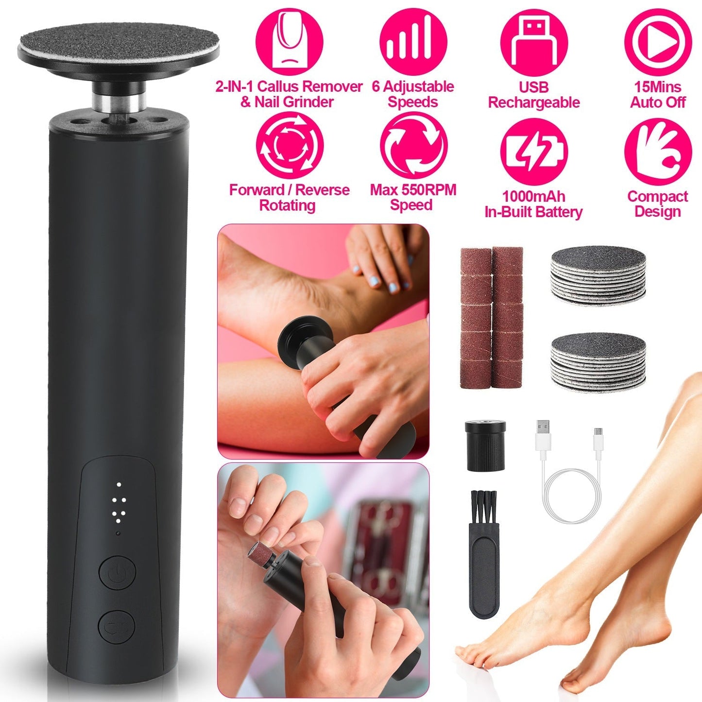 Electric Foot Callus Remover 2 in 1 Rechargeable Foot File Nail Grinder Dead Skin Pedicure Tool Machine with 2 Grinding Heads Total 30Pcs Replaceable