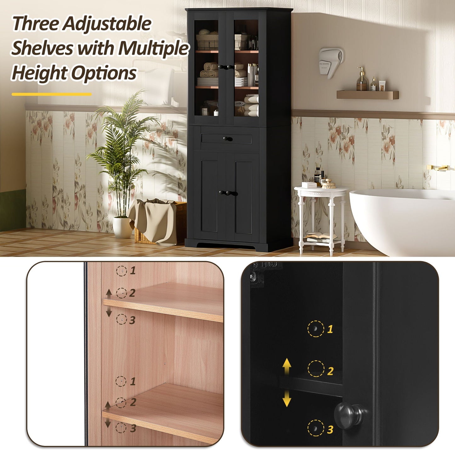 Bathroom Storage Cabinet, Adjustable Shelves & Drawer, Freestanding Tower