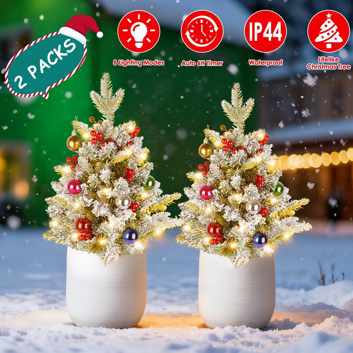 2Pcs Battery Powered Lighted Christmas Tree Urn Filler With Light Artificial Xmas Trees Light with Berries Balls LED Pathway Pine Tree IP44 Waterproof