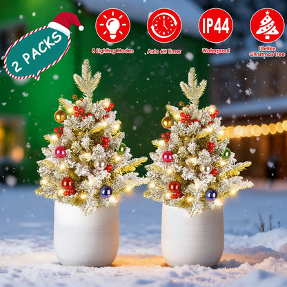 2Pcs Battery Powered Lighted Christmas Tree Urn Filler With Light Artificial Xmas Trees Light with Berries Balls LED Pathway Pine Tree IP44 Waterproof