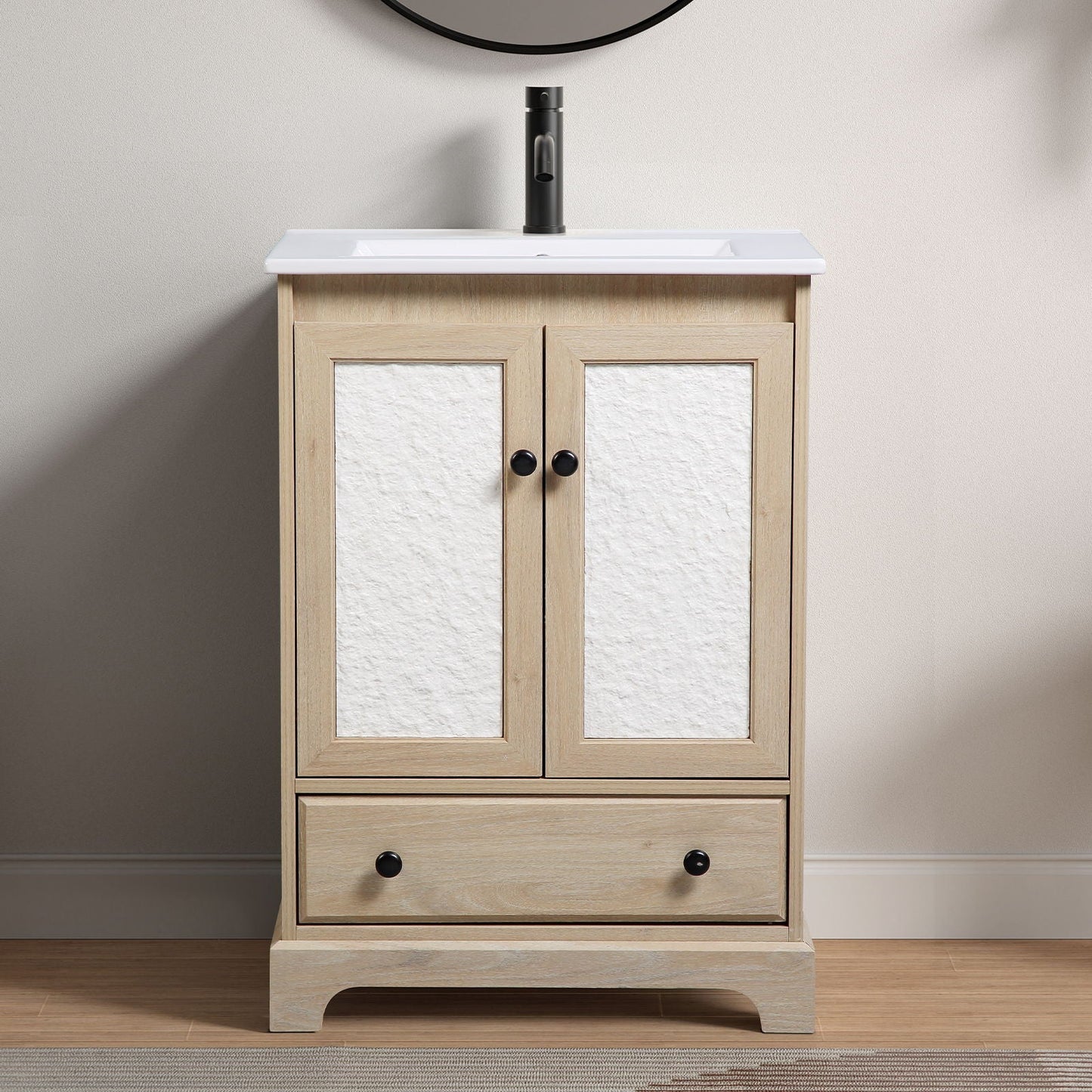 Bathroom Vanity Base, Cabinet With Carved Floral Doors - Natural Wood