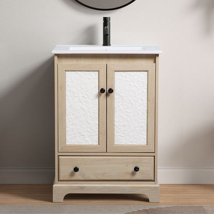 Bathroom Vanity Base, Cabinet With Carved Floral Doors - Natural Wood
