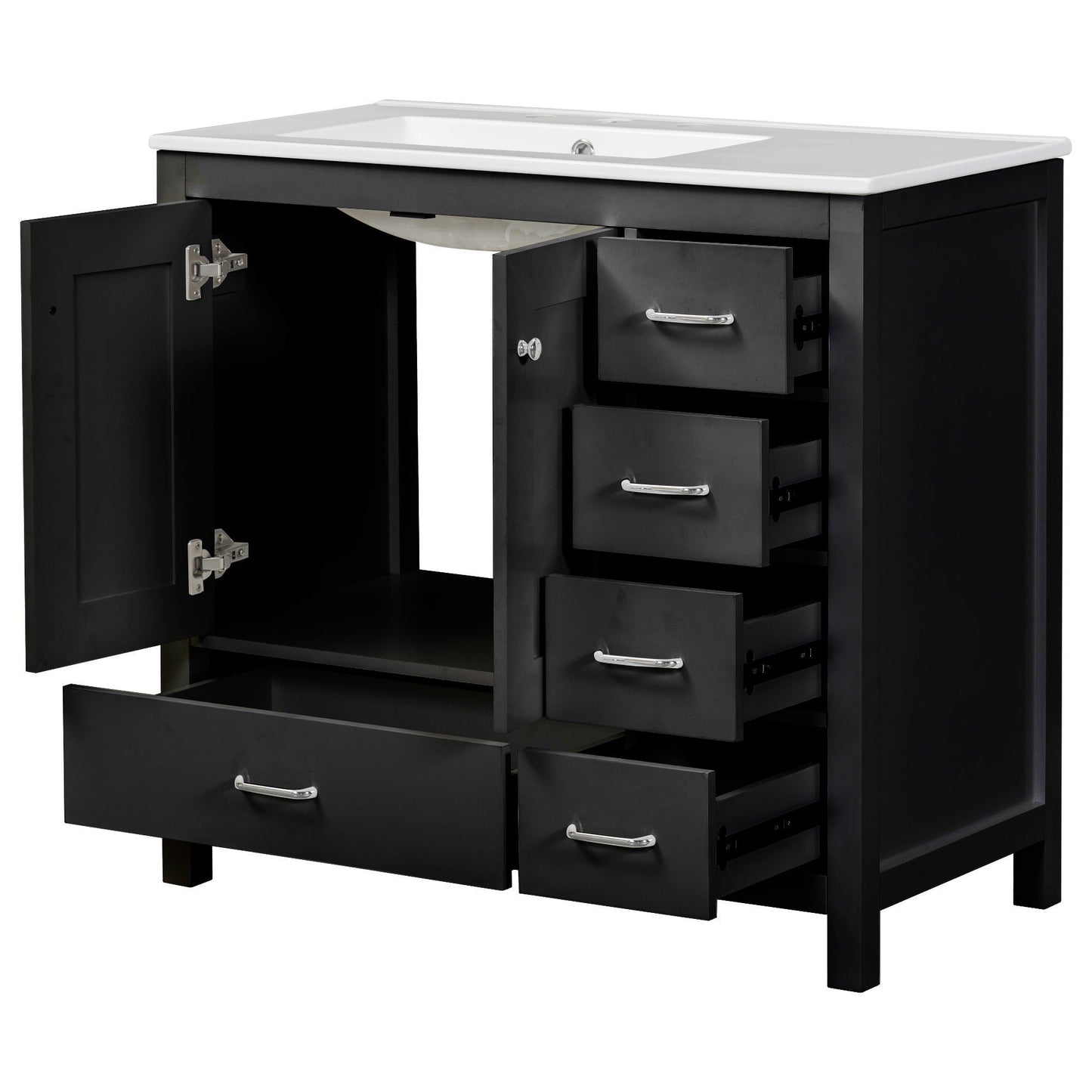 Bathroom Vanity With Ceramic Sink Combo, Abundant Storage Cabinet 2 Soft Close Doors And 5 Drawers