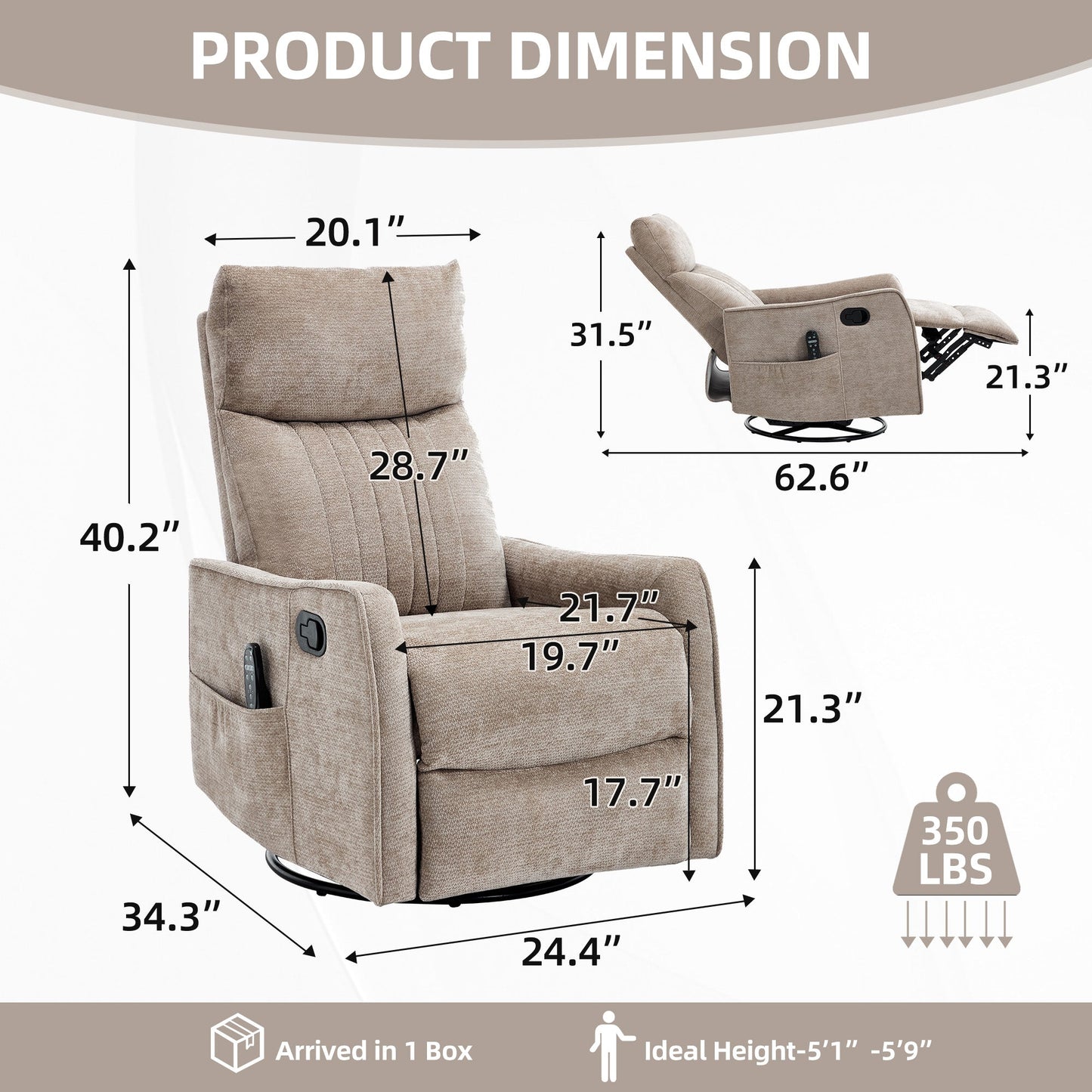 Khaki Heat Massage Manual Recliner Chair with Rocker and Swivel in Fabric for Living Room