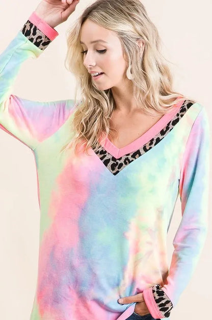 BiBi Tie Dye Terry V-Neck Top
