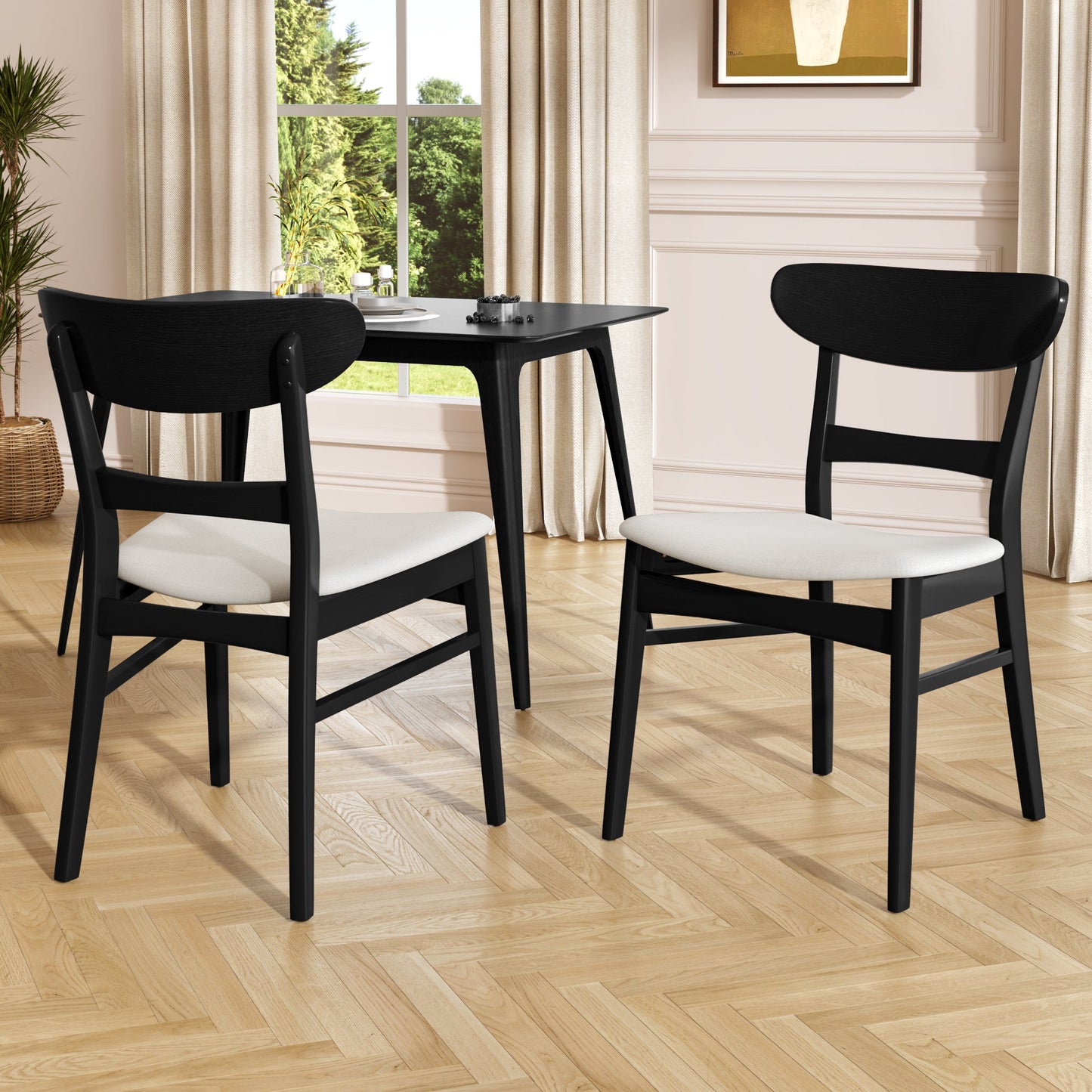 Set of 2 Mid-Century Dining Chairs - Upholstered Seat, Rubberwood Legs