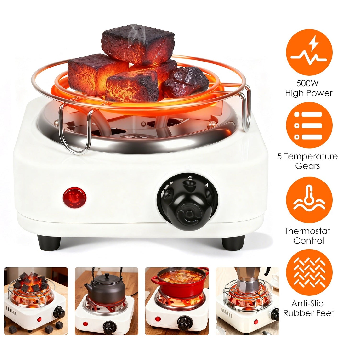 Electric Charcoal Burner 500W Hookah Charcoal Burner Compact Coal Burner for Hooka Cubes Shisha with Grill and Tongs 5 Temperature Gears 338℉-1022℉ Th