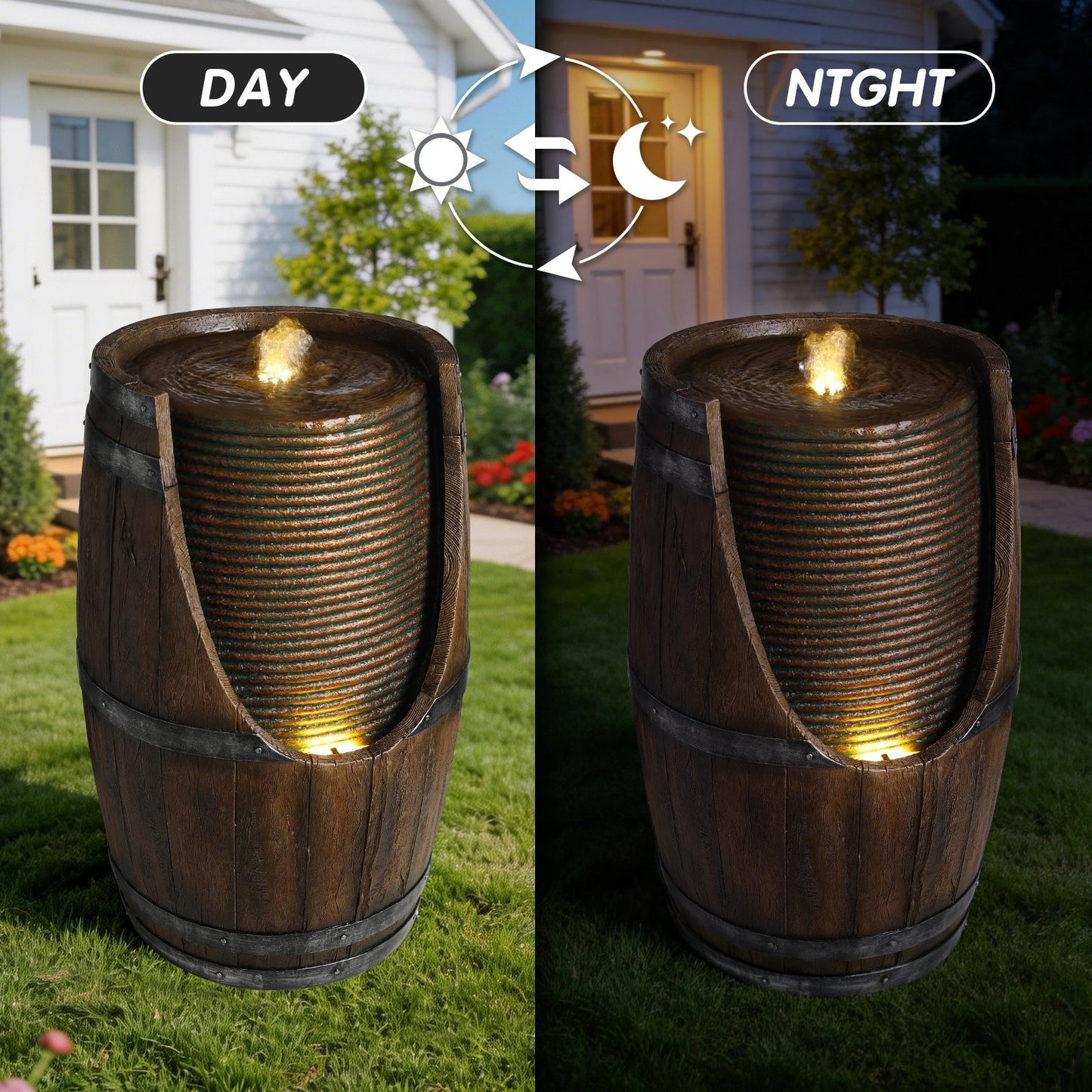 Outdoor Barrel Water Fountain with Rustic Wood Look Resin
