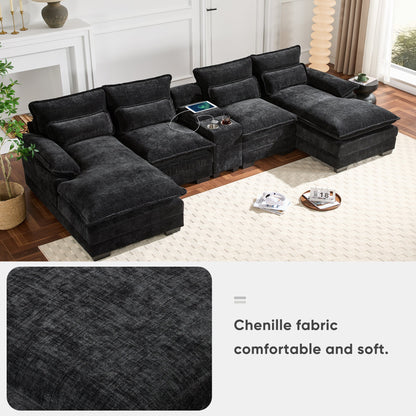 Modern U-Shaped Sectional Sofa with Console and USB Charger