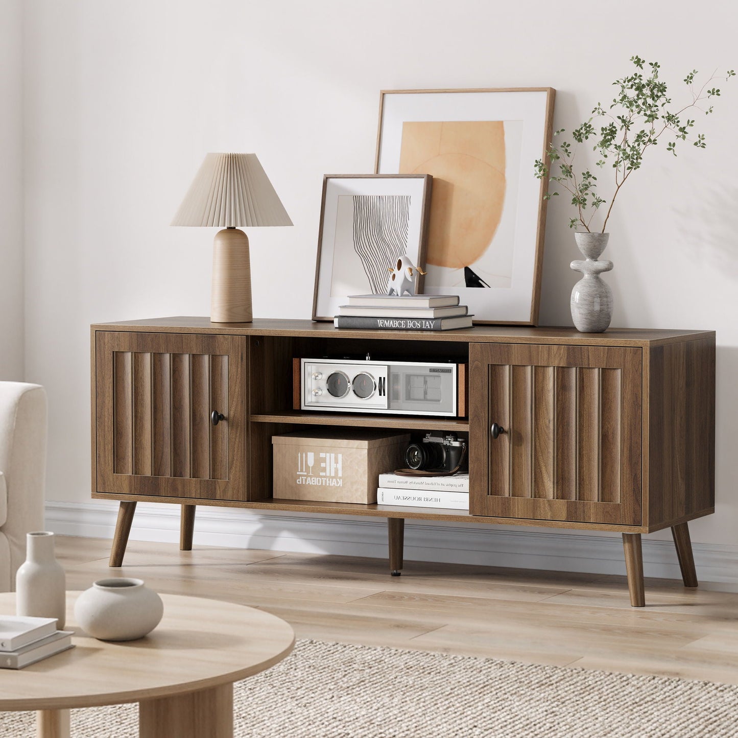 55" TV Cabinet With Vertical Groove Doors, Adjustable Shelves - Walnut