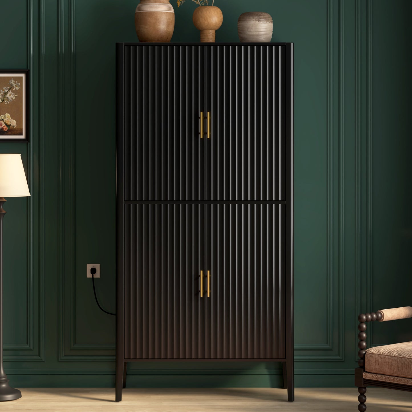 U_STYLE Modern Fluted Wine Cabinet with Glass Display & Stemware Rack