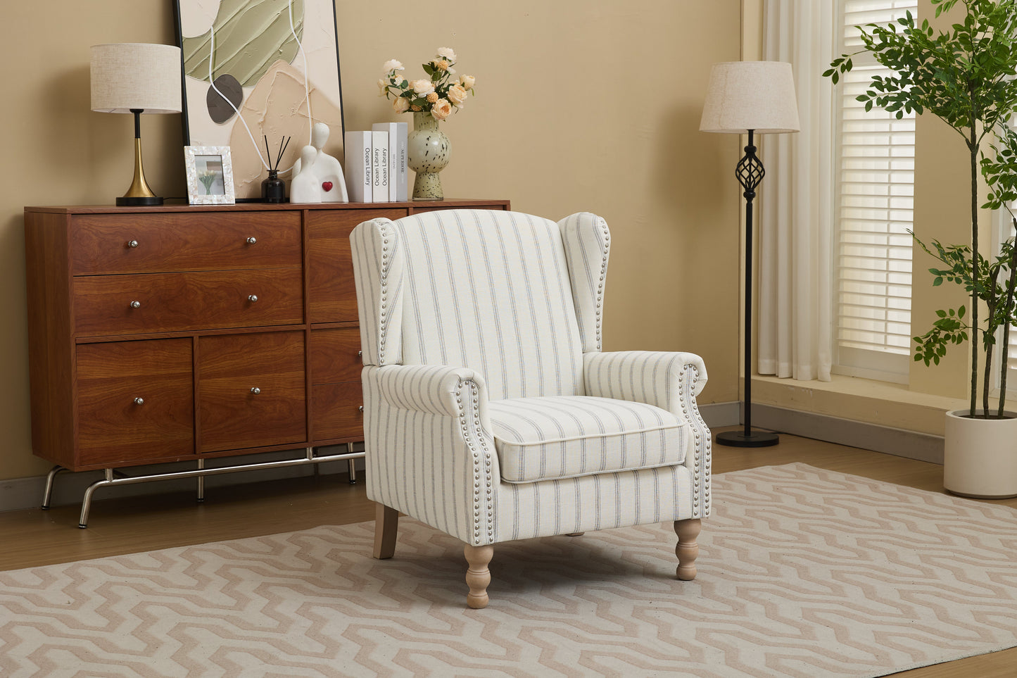 Modern Accent Chair with Retro Wood Legs and Floral Design