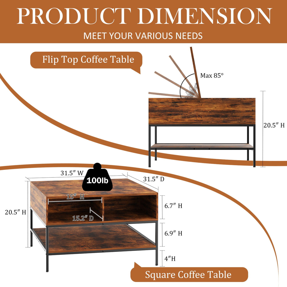 Rustic Flip Top Coffee Table With Hidden Storage - Black / Brown