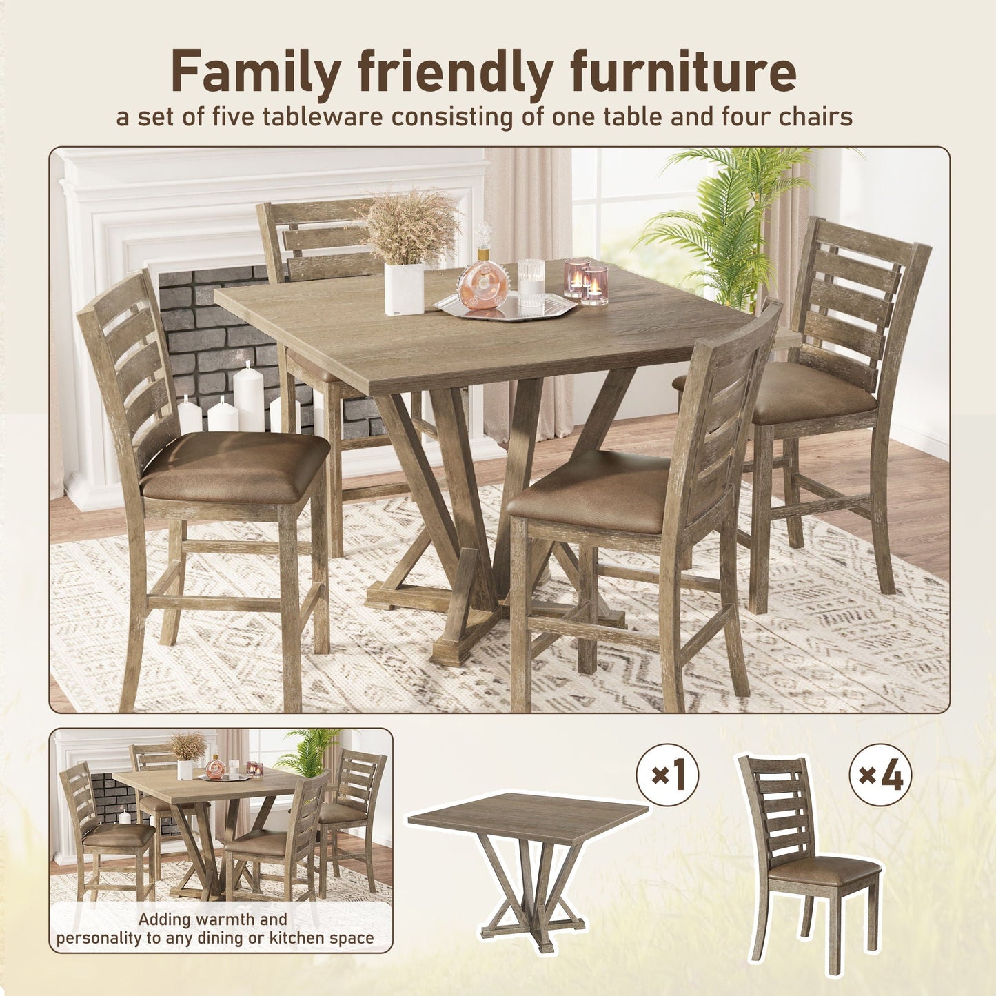 5 Pieces Set Counter Table Set Square Counter Table Solid Wood Modern Farmhouse Rustic Look Distressed Look - Grayish Brown