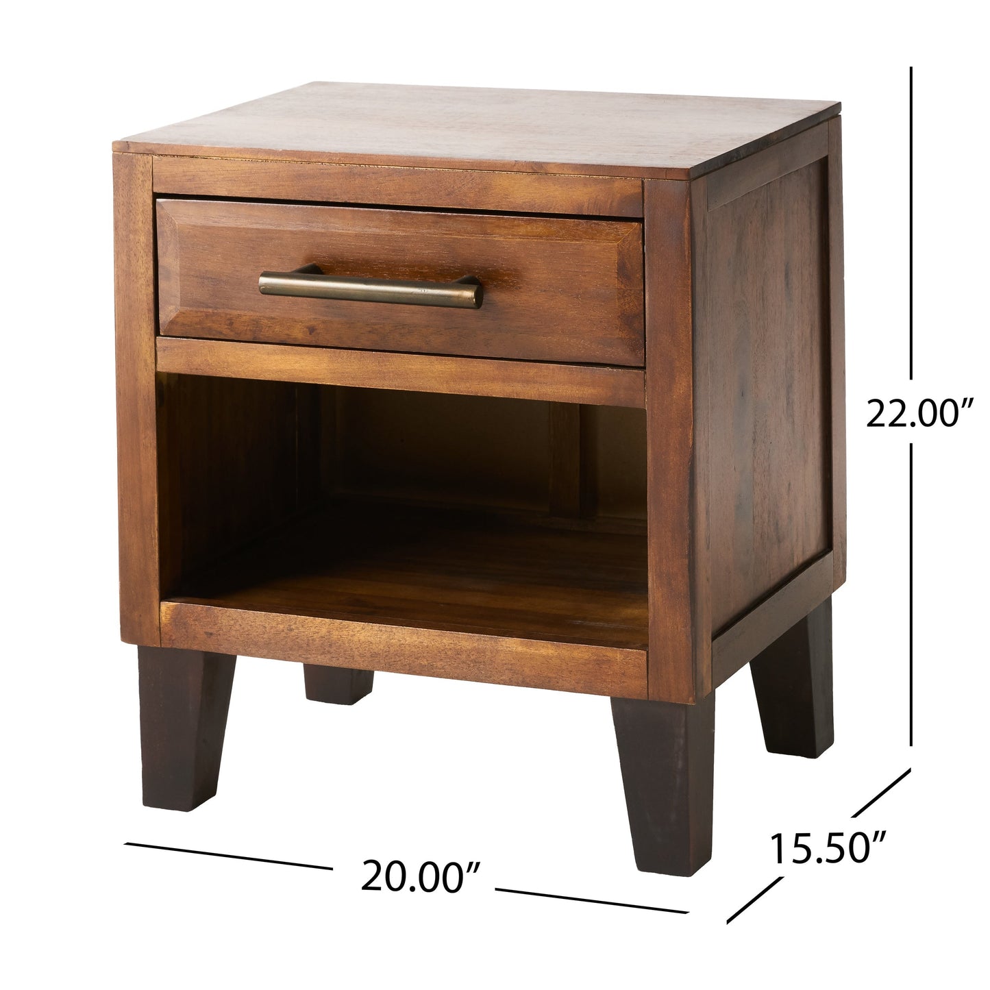 End Table in Brown Acacia Wood with Storage Drawer and Shelf