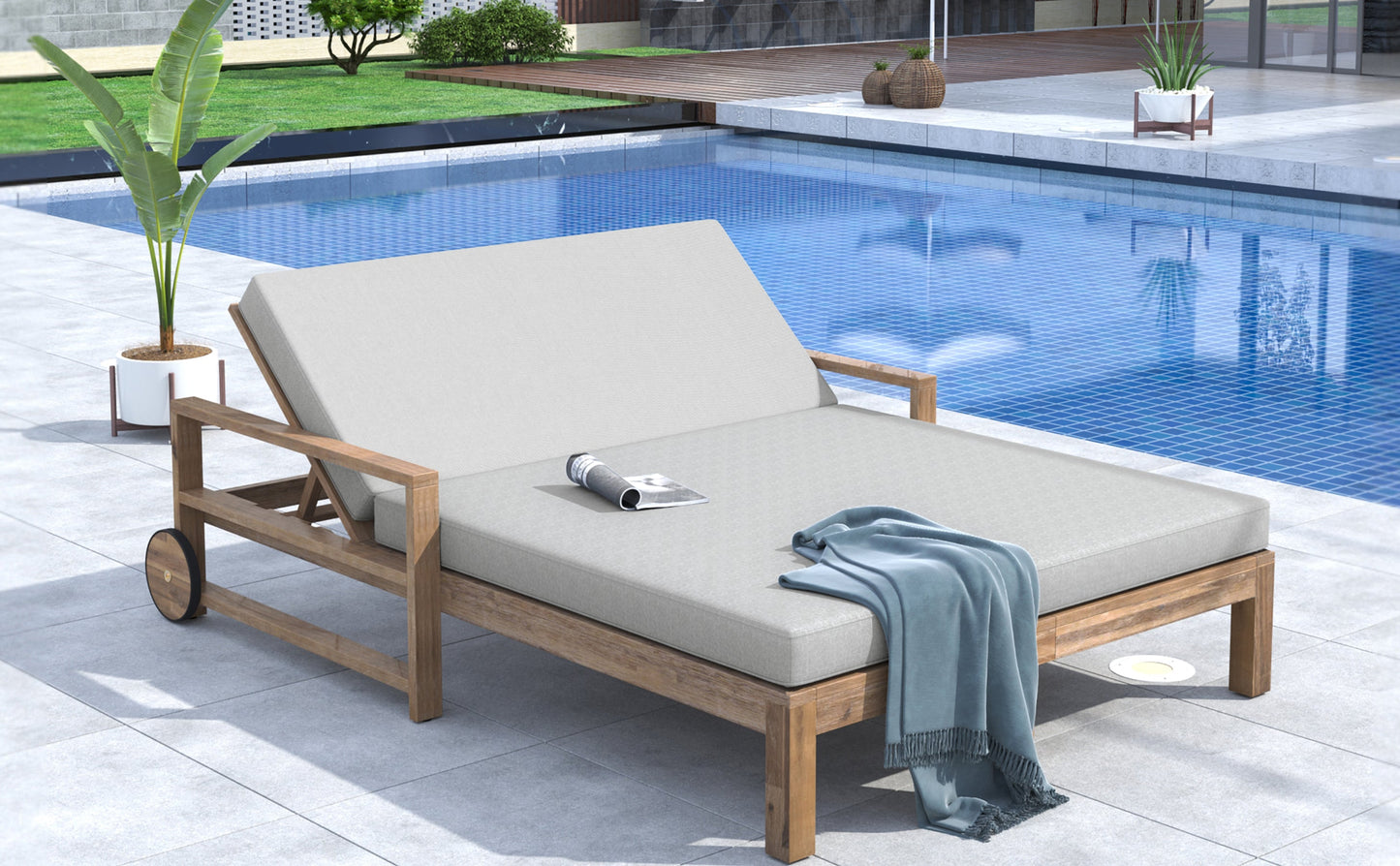 TREXM 1-Piece Farmhouse Wooden Outdoor Sunbed for 2 People