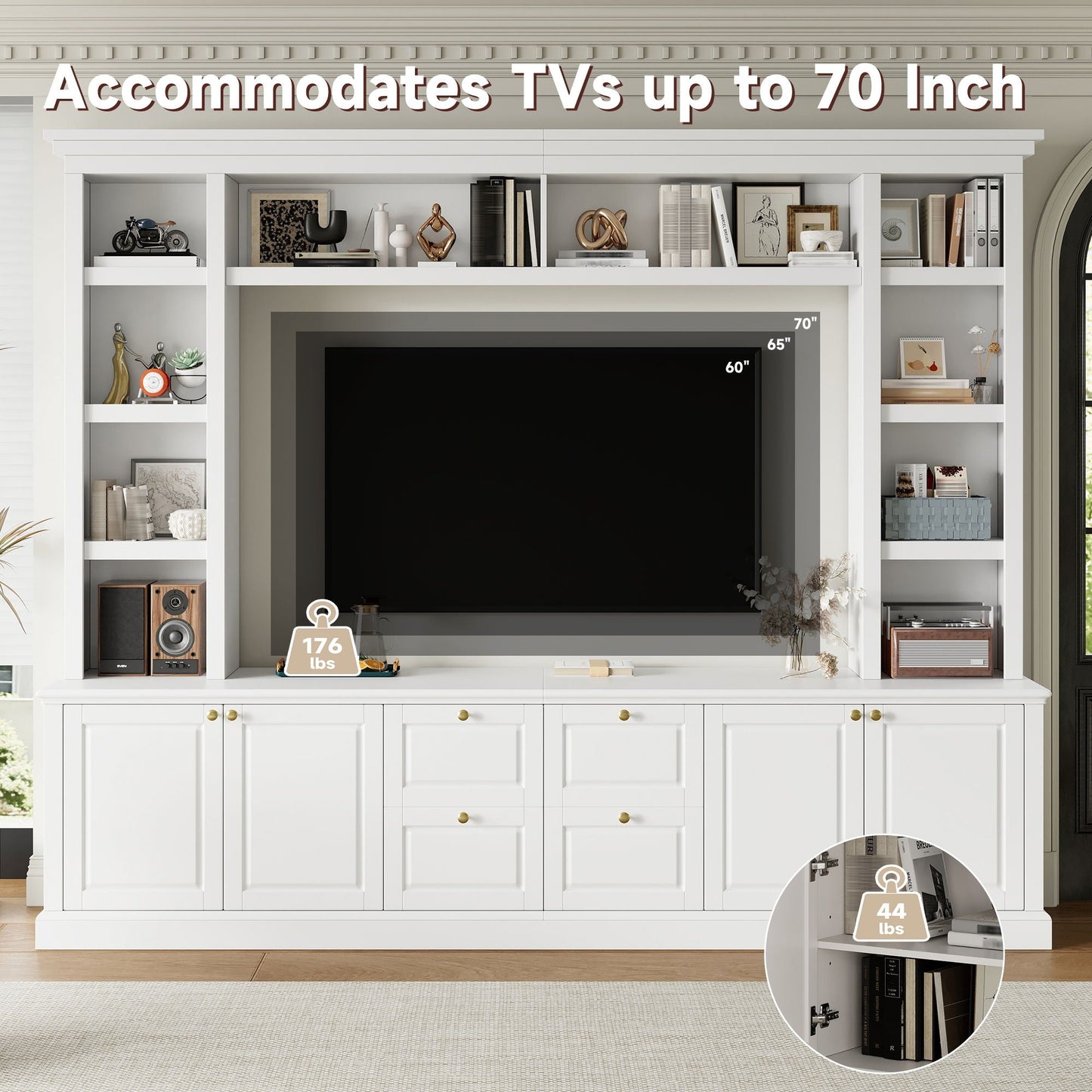 TV Stand With Bookcase, Storage Cabinet With 3 Adjustable Shelves, Living Room Entertainment Center - White
