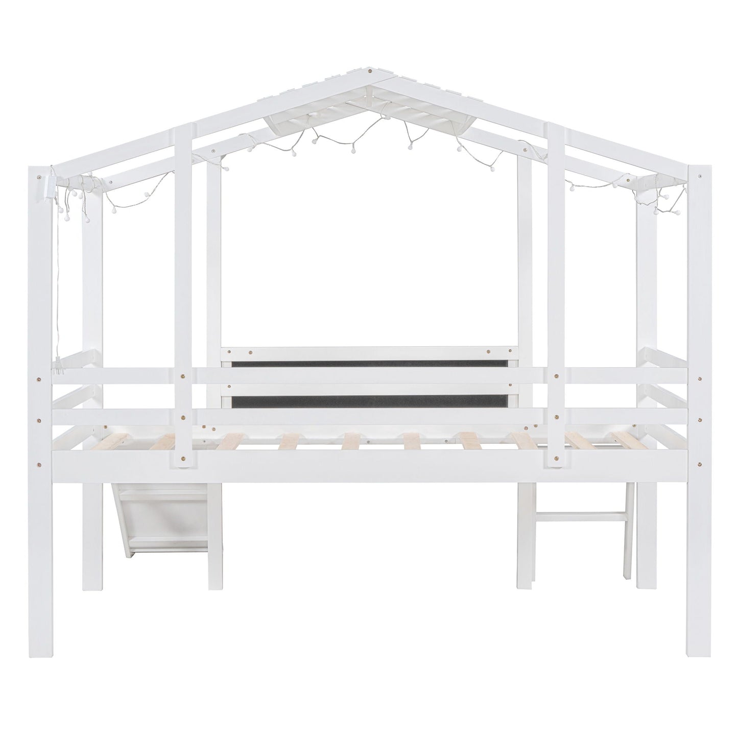 Loft House Bed With Ladder And Slide, With board And Light Strip On The Roof