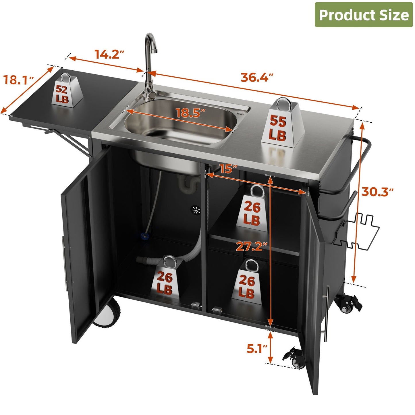 Outdoor Grill Table With Sink, Worktable Kitchen Cabinet Island With Wheels & Foldable Top - Black