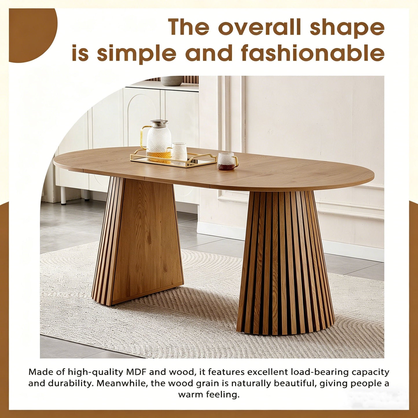 Dining Table, Flexible Extendable Oval Design With Slatted Legs - Natural Wood