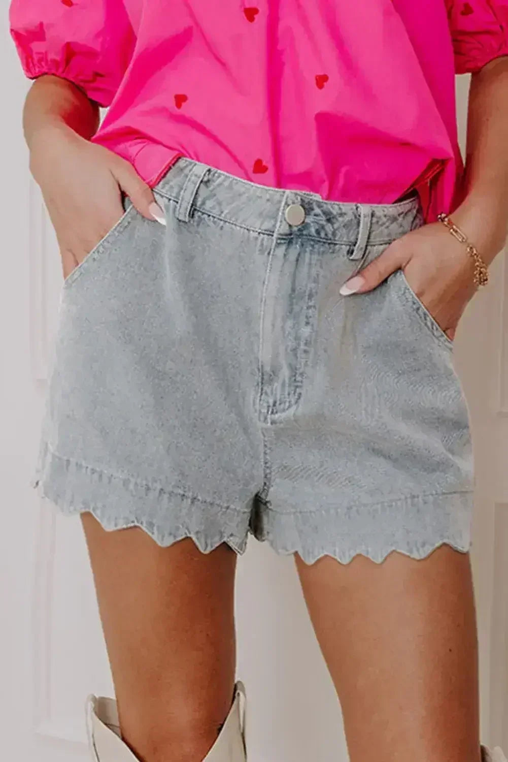 Sail Blue Scalloped Hemline Light Wash Denim Shorts