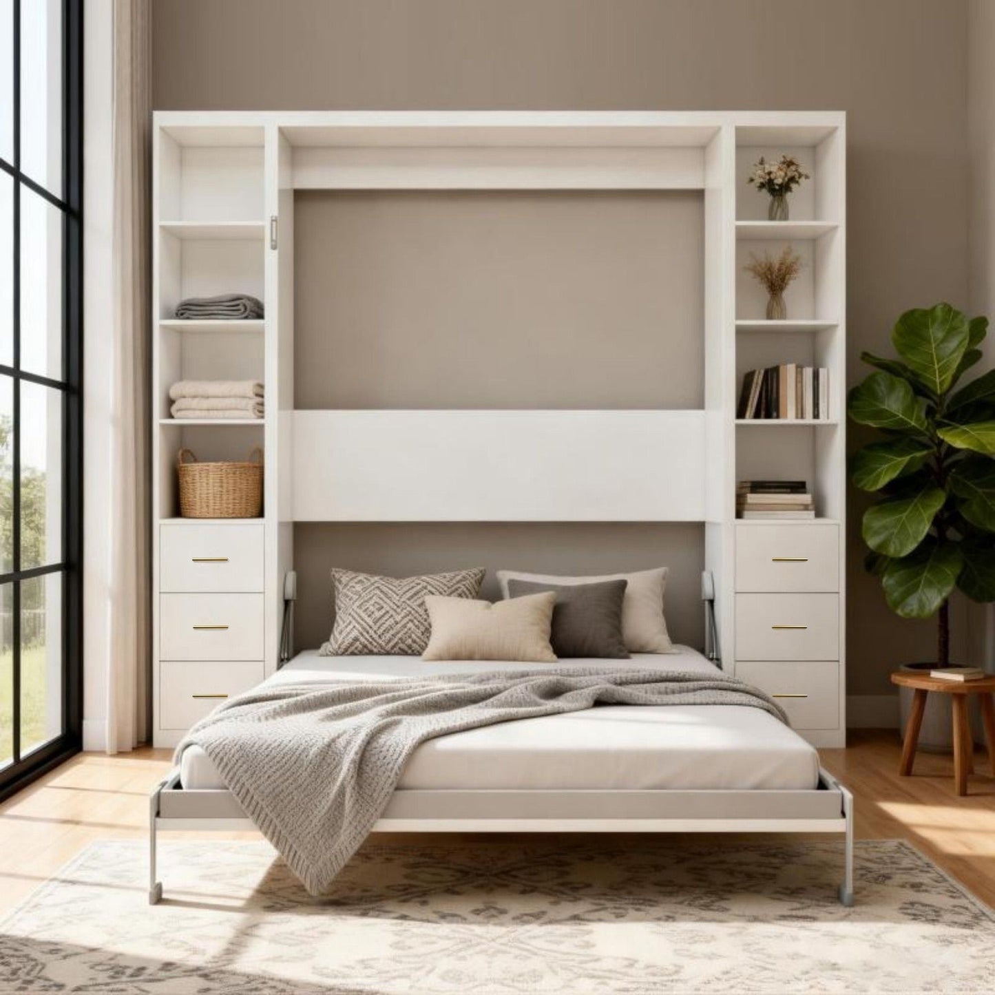 Queen Size Murphy Wall Bed With Side Storage Cabinets - White