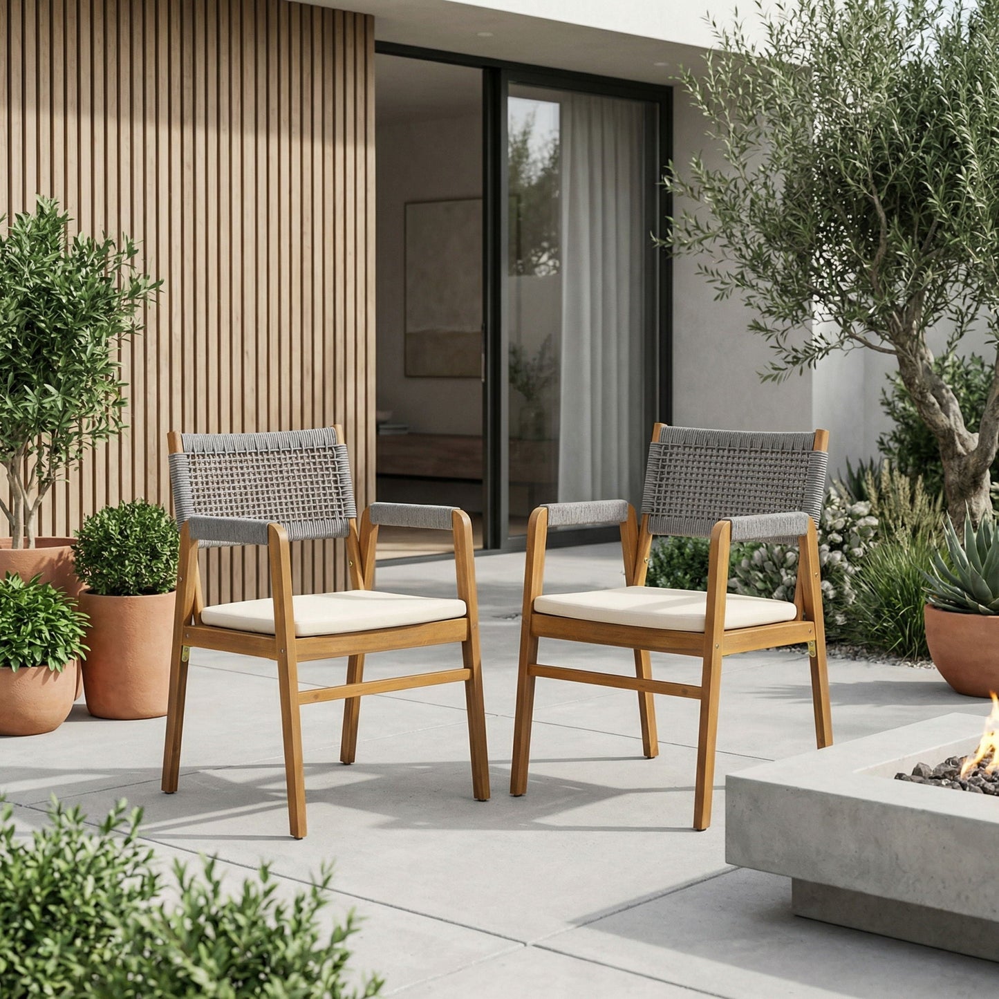 Outdoor Acacia Wood Dining Armchair With Cushion (Set of 2)