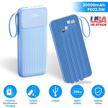PD22.5W Fast Charger 20000mAh Fast Charging Power Bank Portable Charger with 4 Inbuilt Cables Digital Display Handle Fit For IOSPhone 15/14 Android An