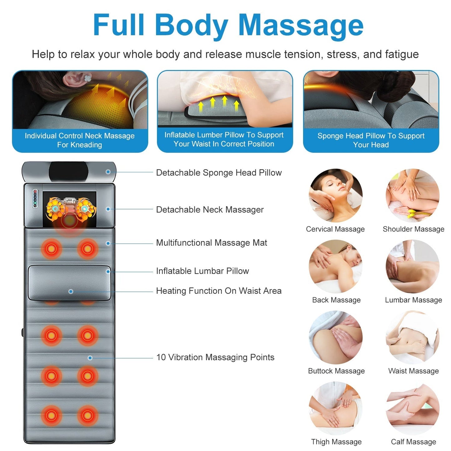 Full Body Electric Massage Mat with Heat, Vibration, and Neck & Lumbar Support Pillow