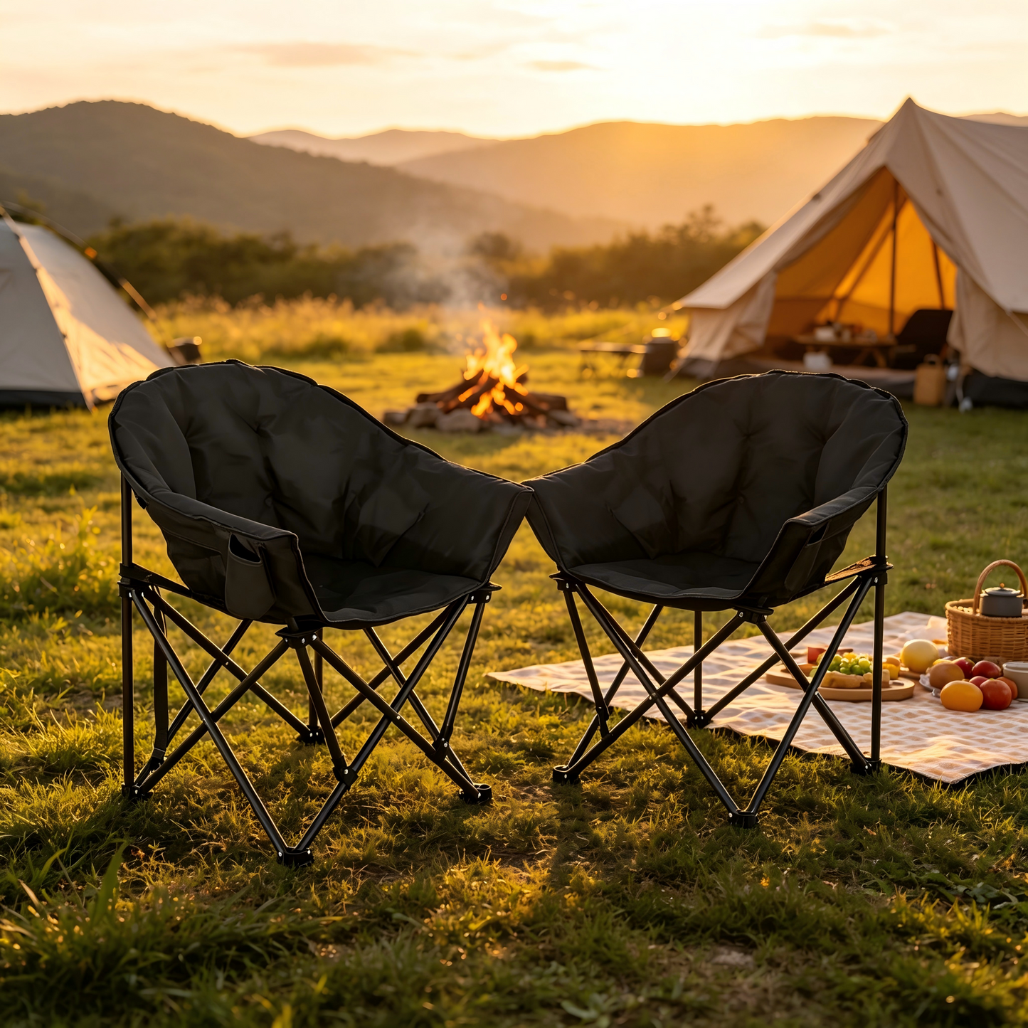 Set of 2 Oversized Camping Chairs with Side Pocket