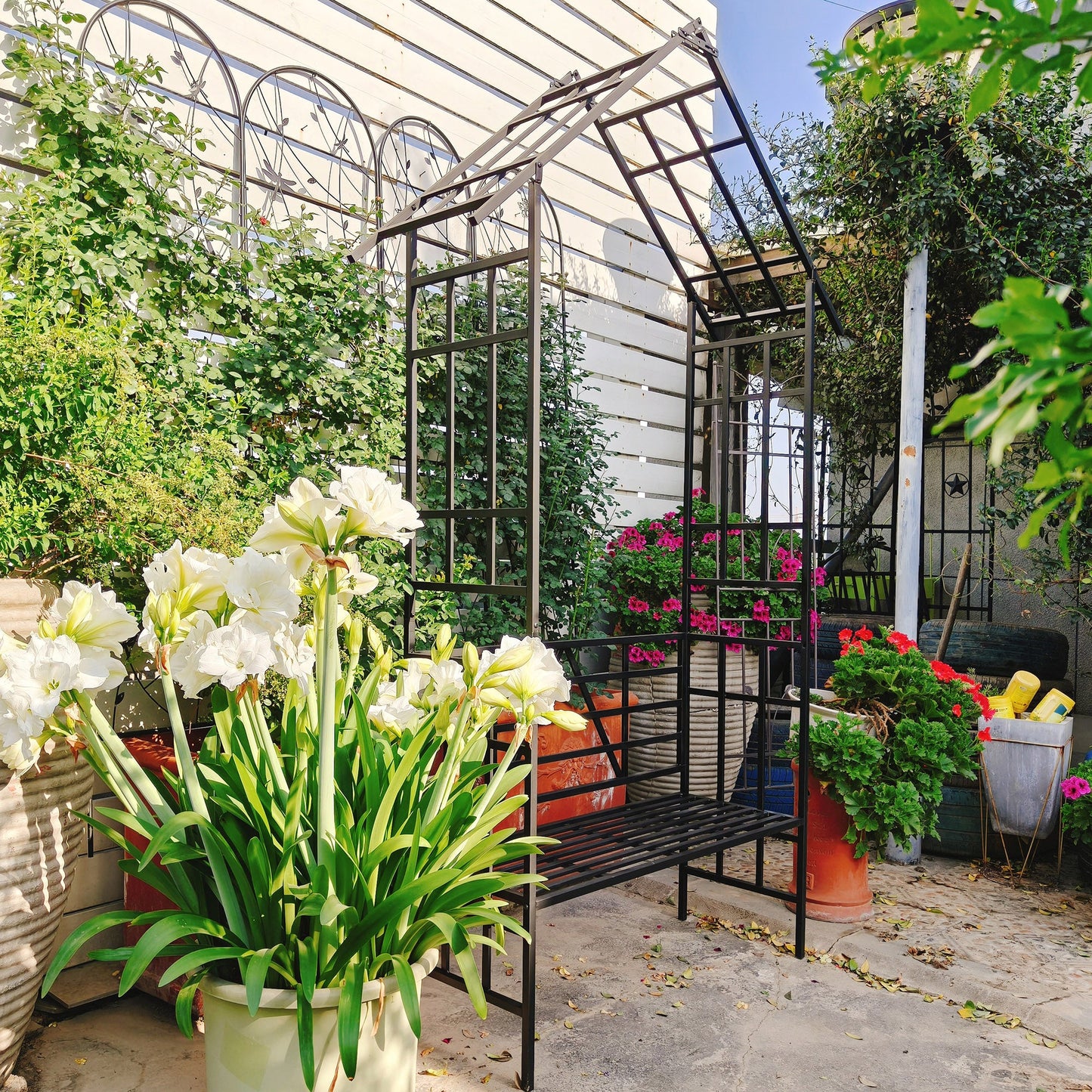Metal Garden Arch with Bench Turned into Flower Stand