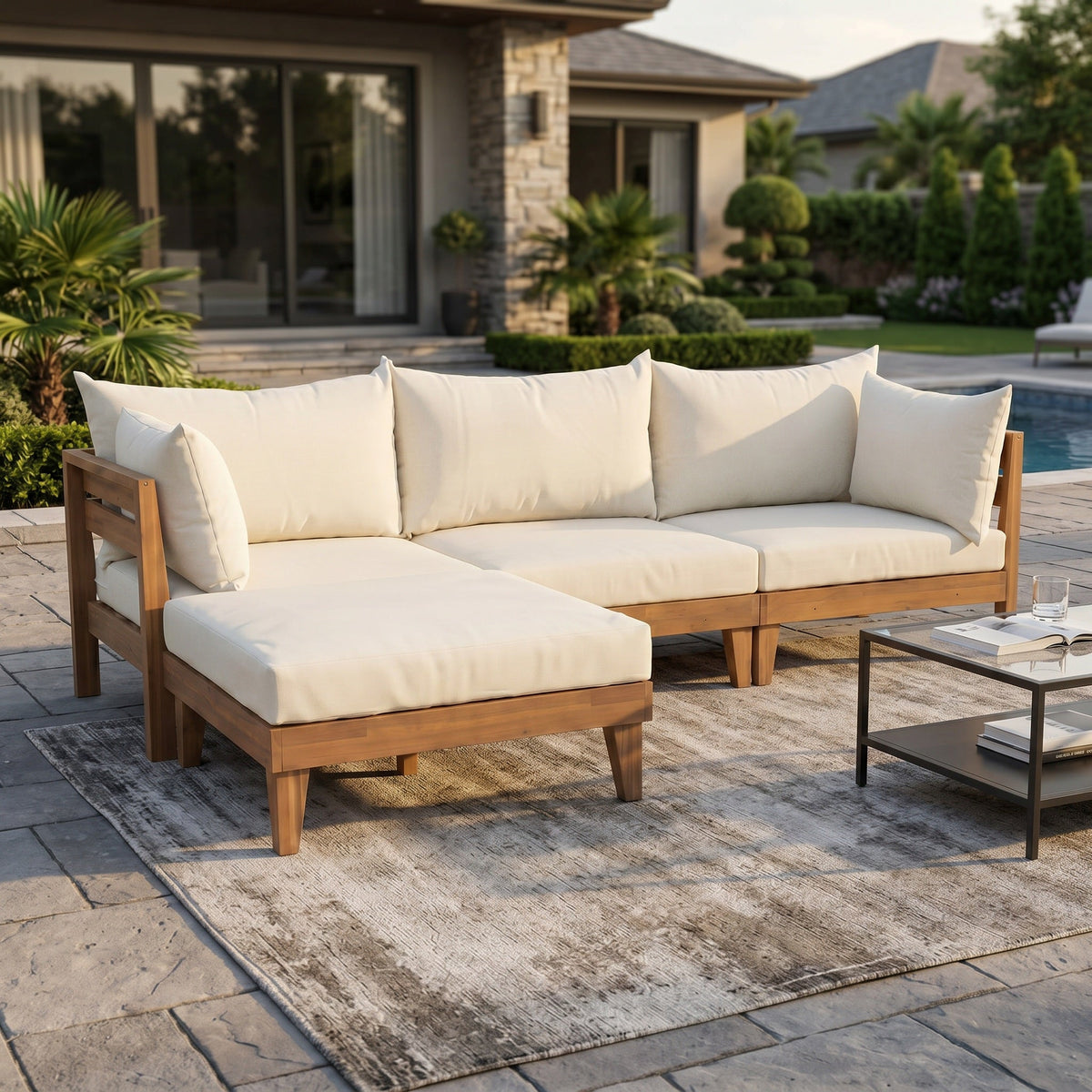 TOPMAX Outdoor Large Daybed Acacia Wood 6-Piece Patio Sofa Set