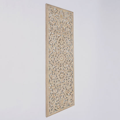Floral Hand Carved Mandala Rectangle Wall Decor With Mirror - Antique Brown / White