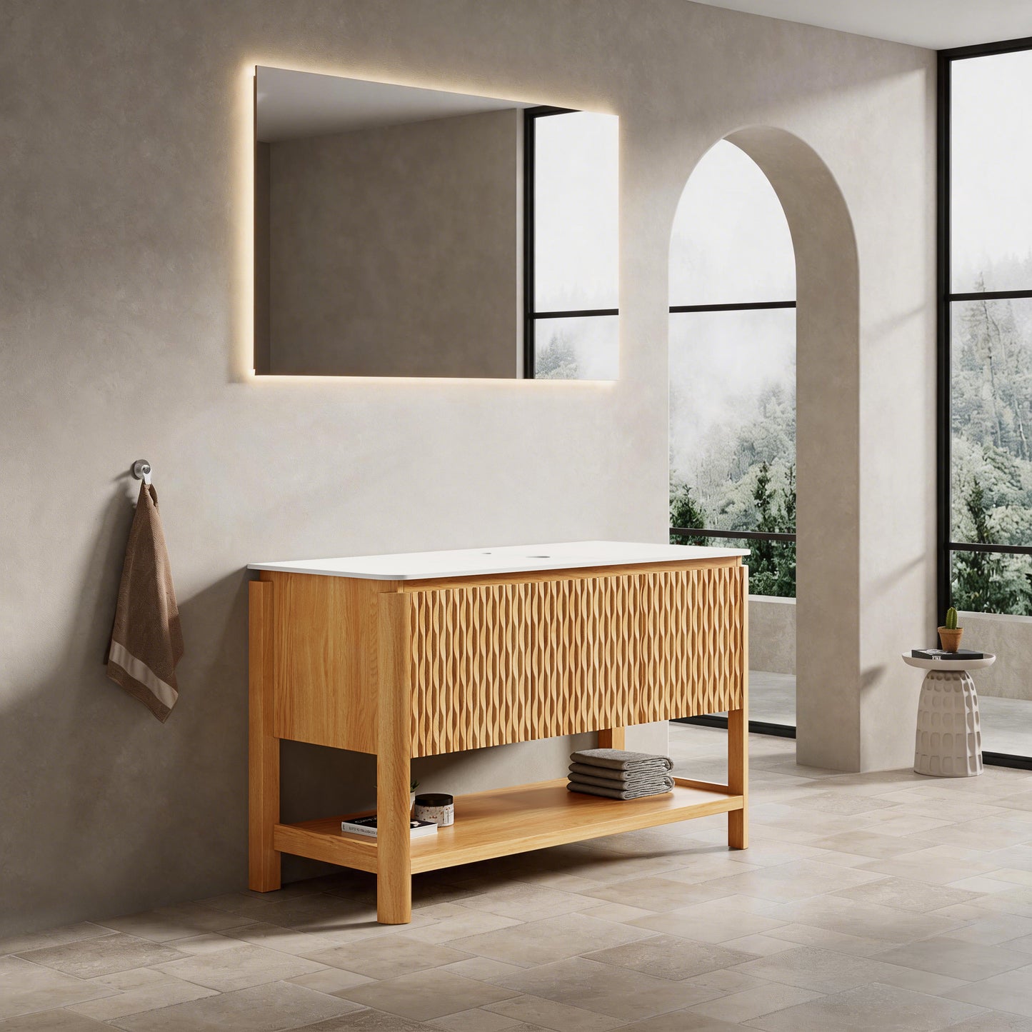 Sharma 48" Freestanding Cabinet with 3 Doors & Open Shelf, Carrara