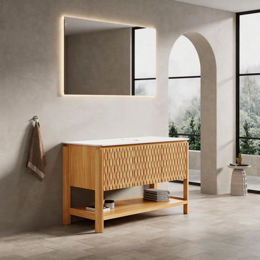 Sharma 48" Freestanding Cabinet with 3 Doors & Open Shelf, Carrara