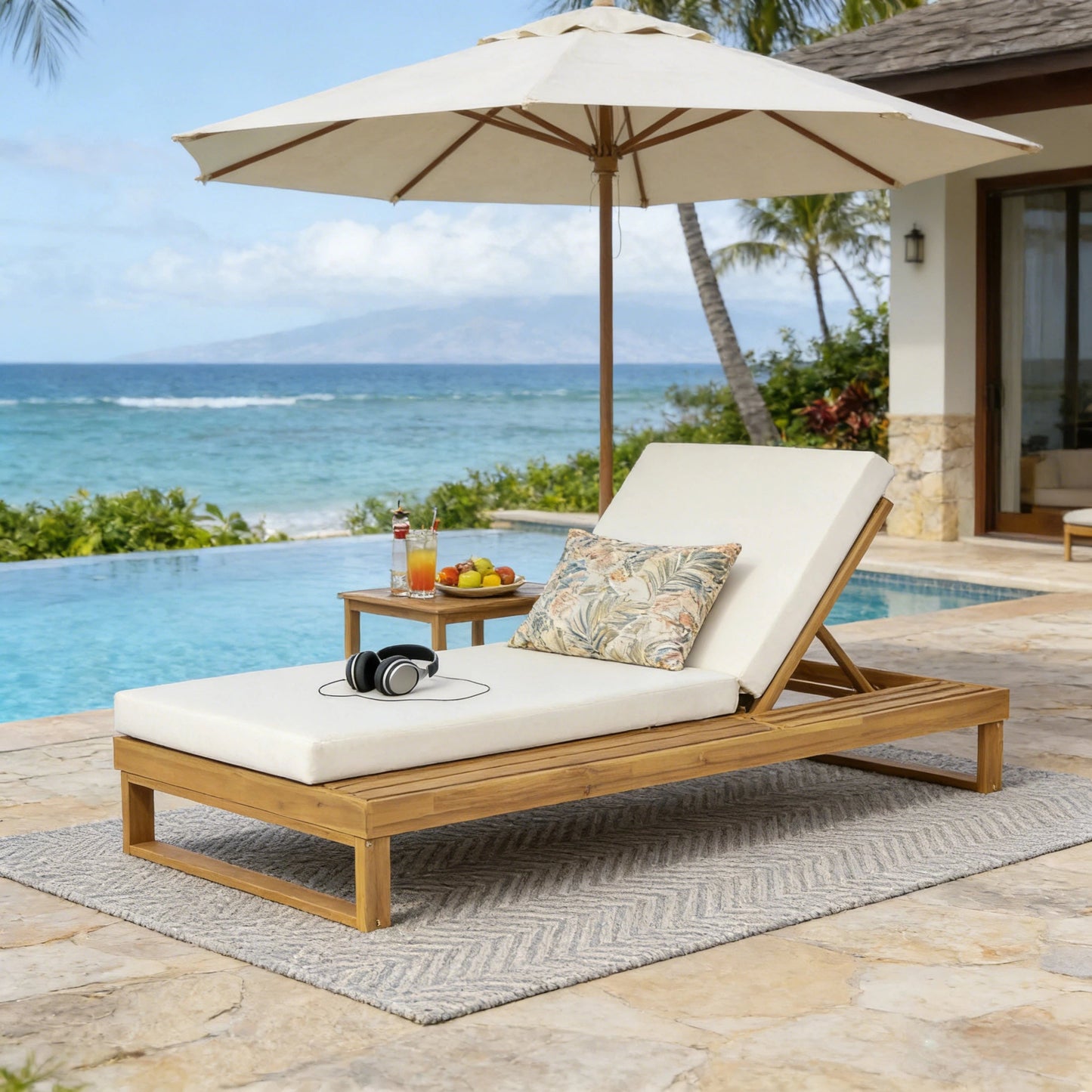 Teak Finish Acacia Wood Chaise Lounge with 4-Inch Cushion