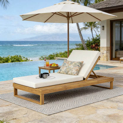 Teak Finish Acacia Wood Chaise Lounge with 4-Inch Cushion