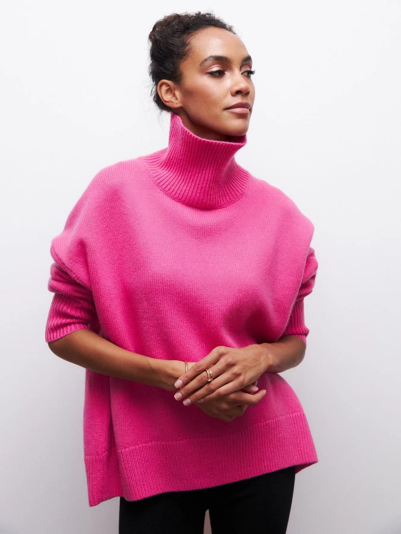 Vibrant Pink Oversized Turtleneck Knit Sweater | Women's Fuchsia High-Neck Party Pullover