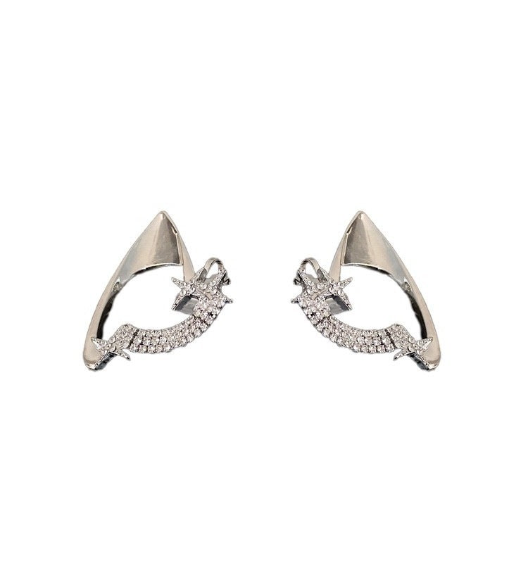 Silver Elven Ear Cuff Earrings | Shooting Star Crawler Studs with Pave Zirconia | Gothic Fairy Wing Jewelry | Celestial Wrap Studs for Women