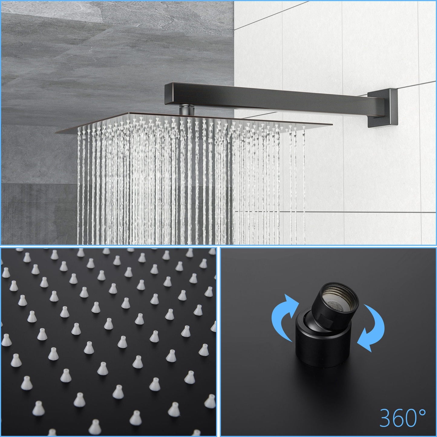 Square Shower System With Waterfall Tub Spout And Rough In Valve, Wall Mounted