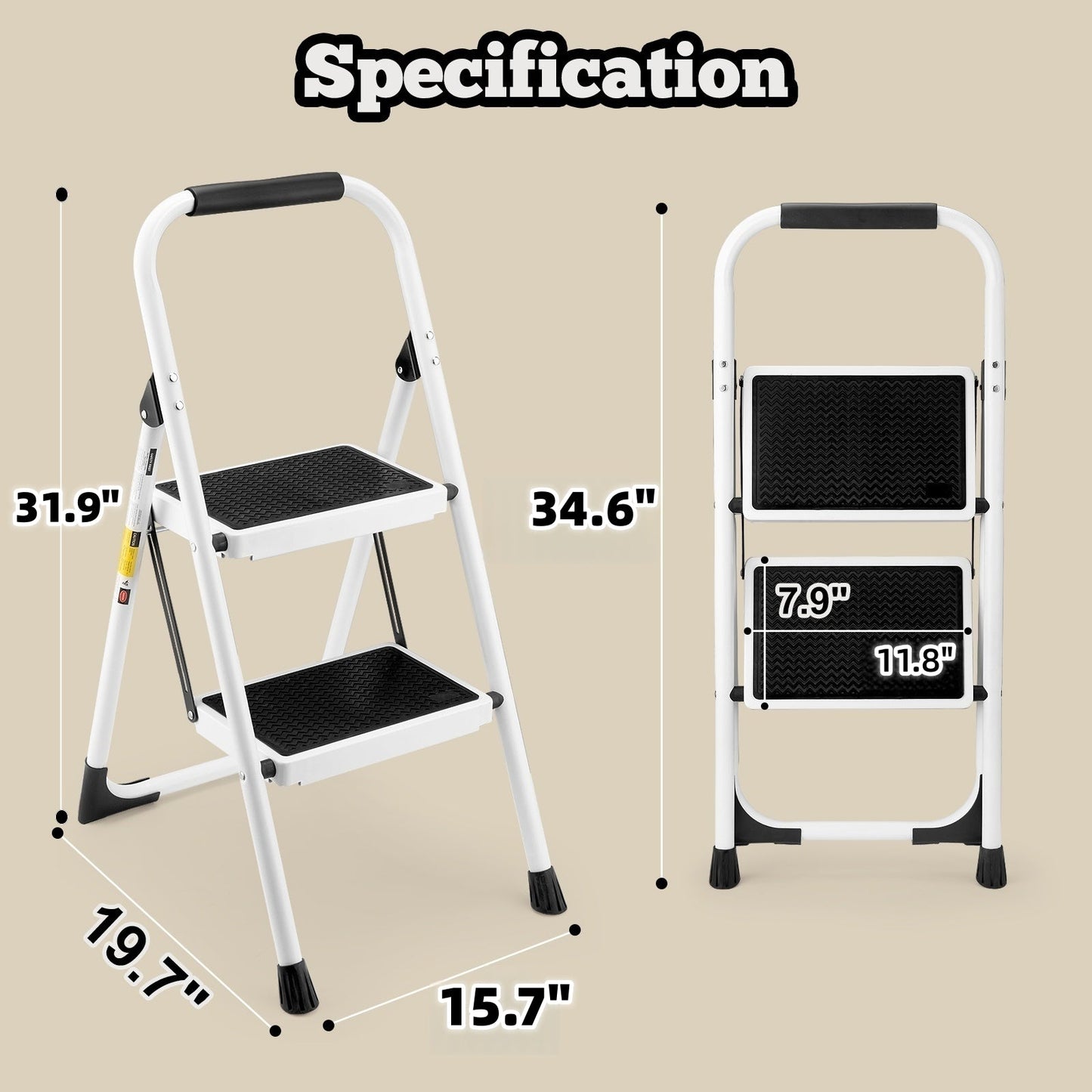 2 Step Ladder Folding Step Stool with Anti-Slip Wide Pedal