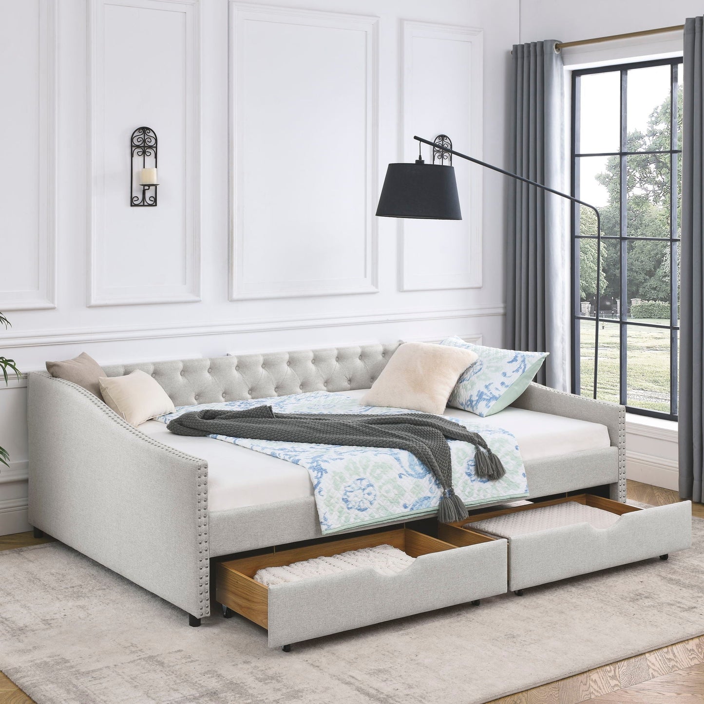 Upholstered Tufted Daybed With Drawers, Waved Arms