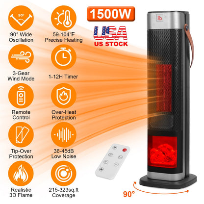 1500W Oscillating Ceramic Tower Space Heater with 3D Flame Portable Electric Heater with 3 Wind Modes 59-104℉Heating Remote Control 12H Timer Overheat