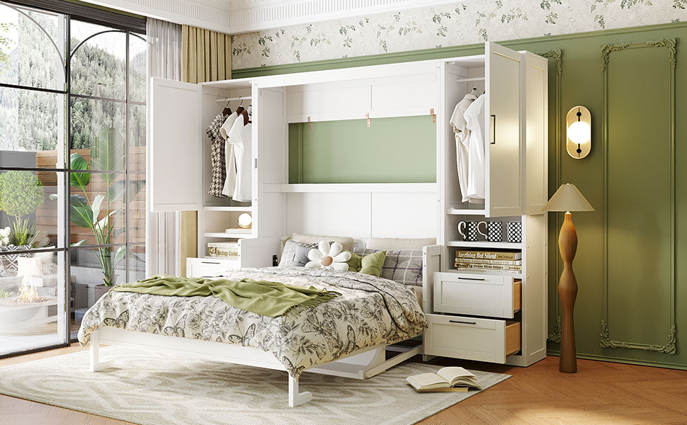 Queen Size Murphy Bed Wall Bed with Closet, Drawers and Shelves, White