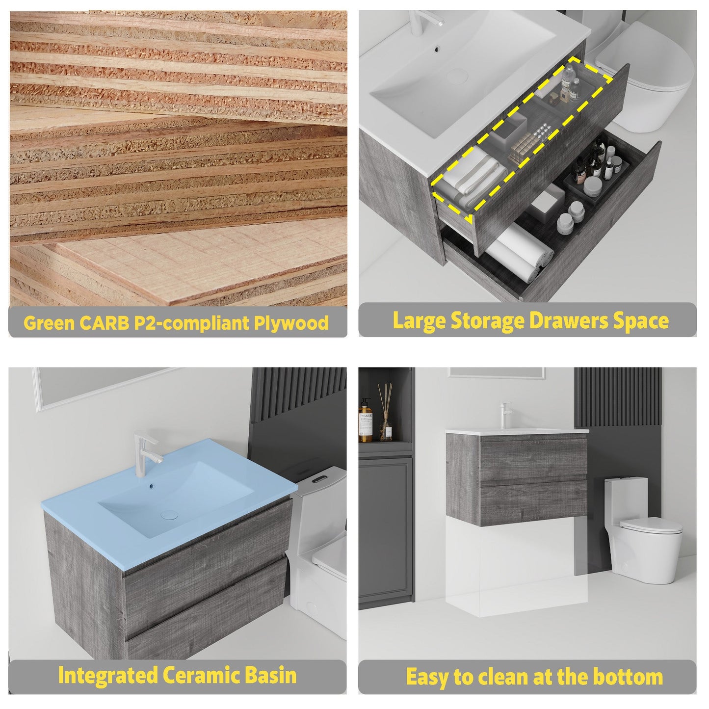 24 Inch Floating Bathroom Vanity with Sink, Soft-Close Drawer, Ceramic Sink, Plywood